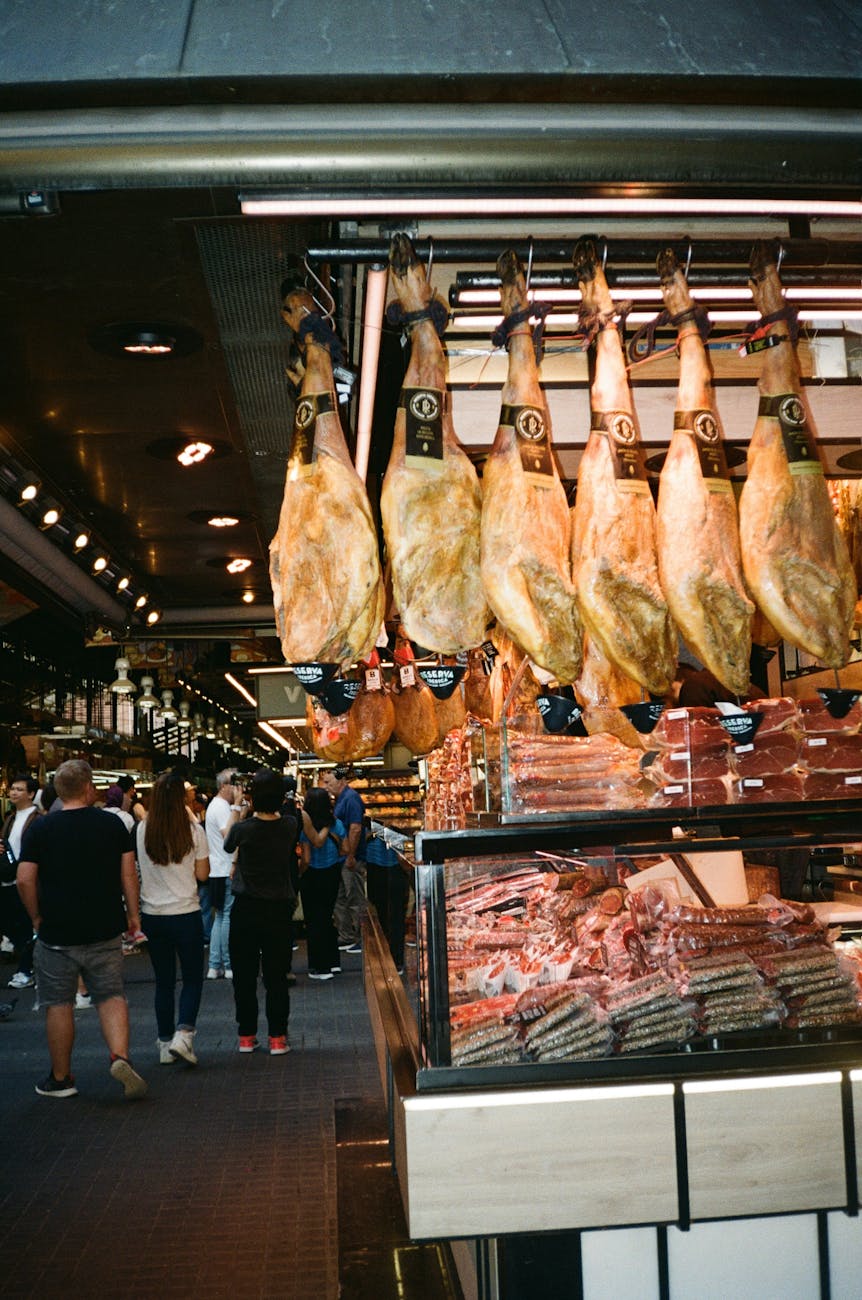 meat section of a crowded hypermarket
