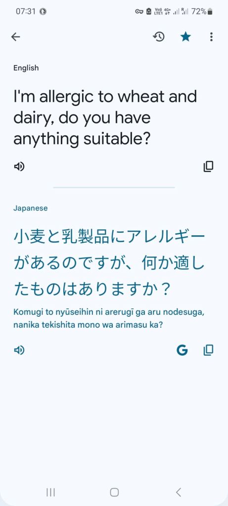 Offline translation of a Google Translation asking what someone can eat