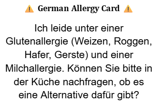 German Allergy card saying the person is gluten and dairy free