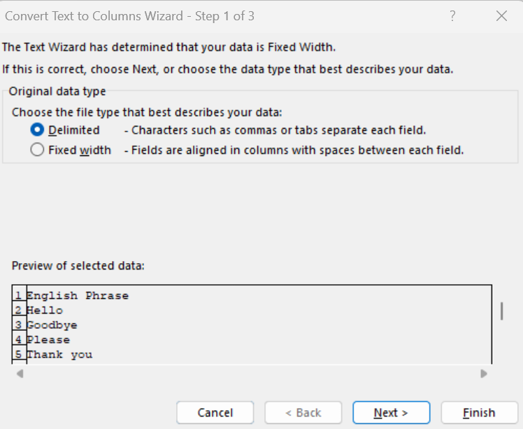 A screenshot of a Text to Columns Wizard interface in Microsoft Excel, displaying options for converting text into columns, with a preview of selected data including phrases like 'Hello' and 'Thank you'.