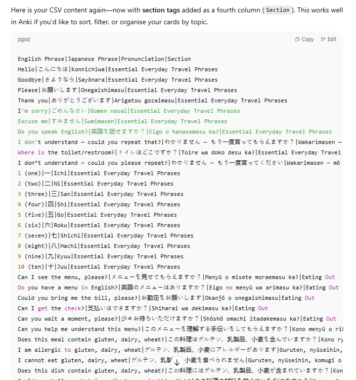 A screenshot of a CSV file containing English phrases, Japanese translations, pronunciations, and sections related to essential everyday travel phrases and dining out.