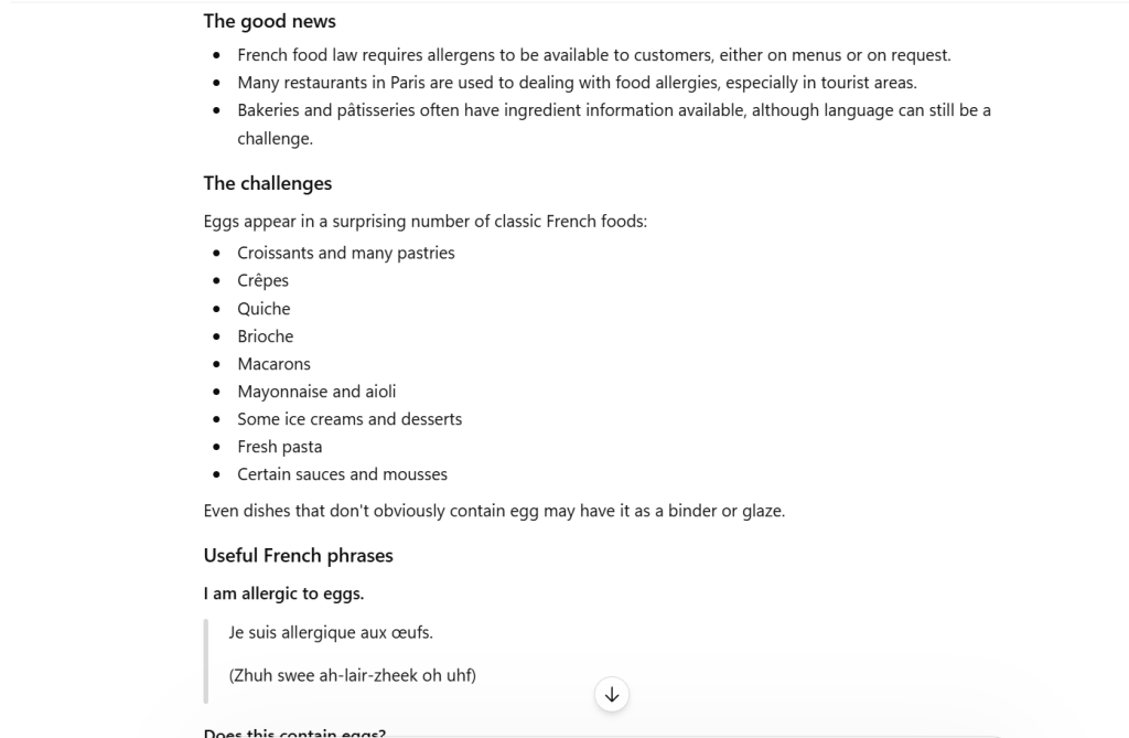 Chat GPT output for a traveller allergic to eggs going to Paris