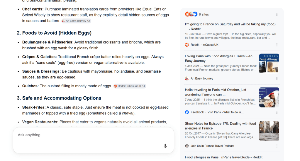Gemini output for a traveller allergic to eggs going to Paris