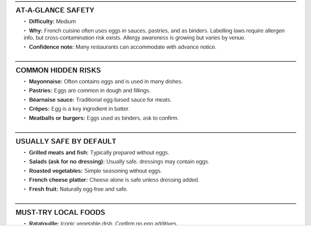 Globally Sauced Essentials output for a traveller allergic to eggs going to Paris